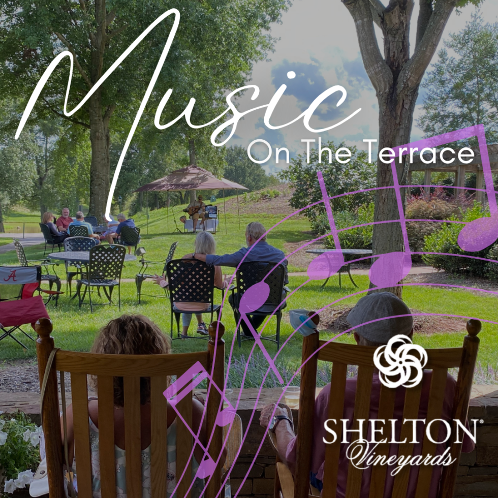 Shelton Vineyards patio with Music on the Terrace text overlay
